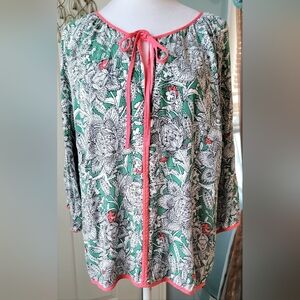 Boden Paisley Floral Peasant Blouse Women's 14 Green Coral Flowy Boho Baggy EUC